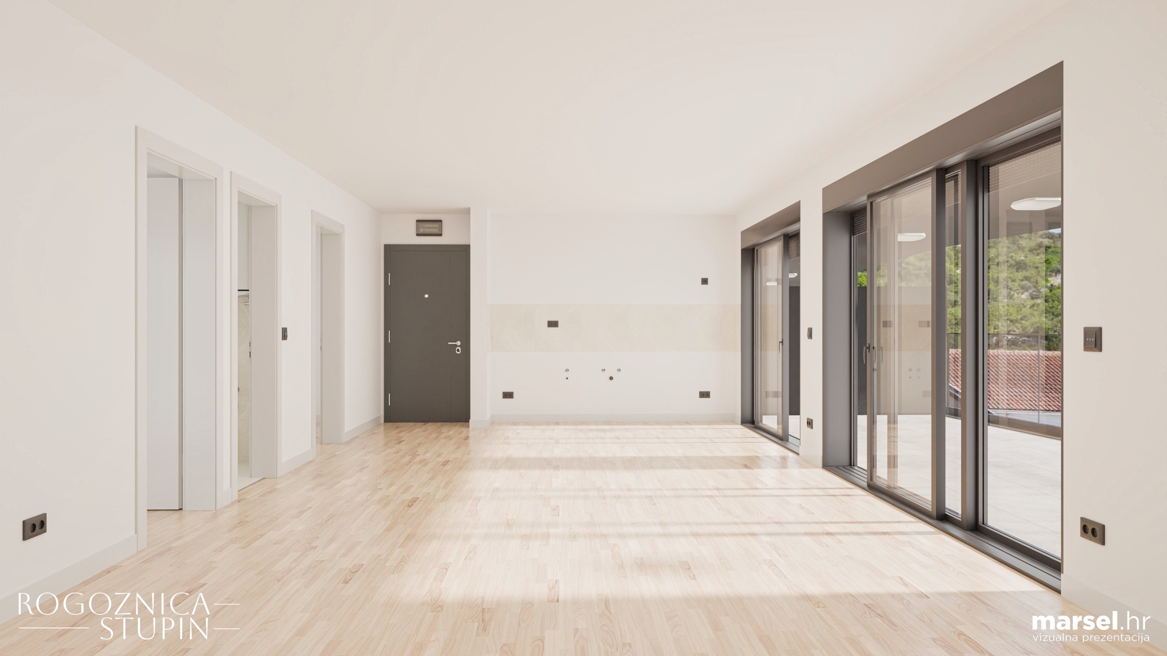 Vizualizacija interijera apartmana u novogradnji Rogoznica Stupin. Prostrani i svijetli unutarnji prostori s pogledom na more, idealni za stanovanje ili investiranje u apartman na dalmatinskoj obali.